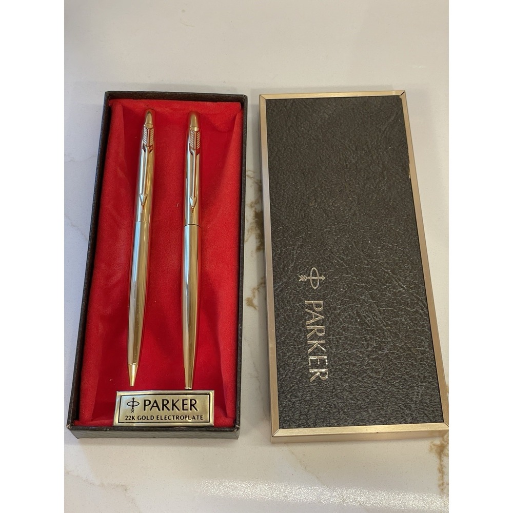 Vintage Parker 22K Gold Electroplate Ballpoint Pen & Pencil Set Box Made in USA